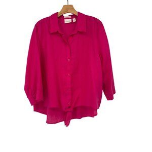 Chicos 3 Womens No-Iron 100% Linen Button-Down Shirt Tie Front Pink Size XL